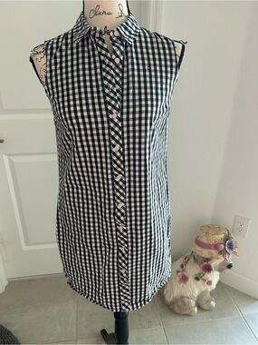 Sleeveless Gingham Shirt Dress - Navy & White